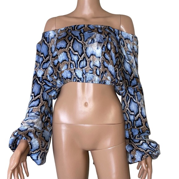 Etiquette Clothiers Tops - Etiquette top blouse cropped snake print balloon puff sleeve blue/brown SZ SM